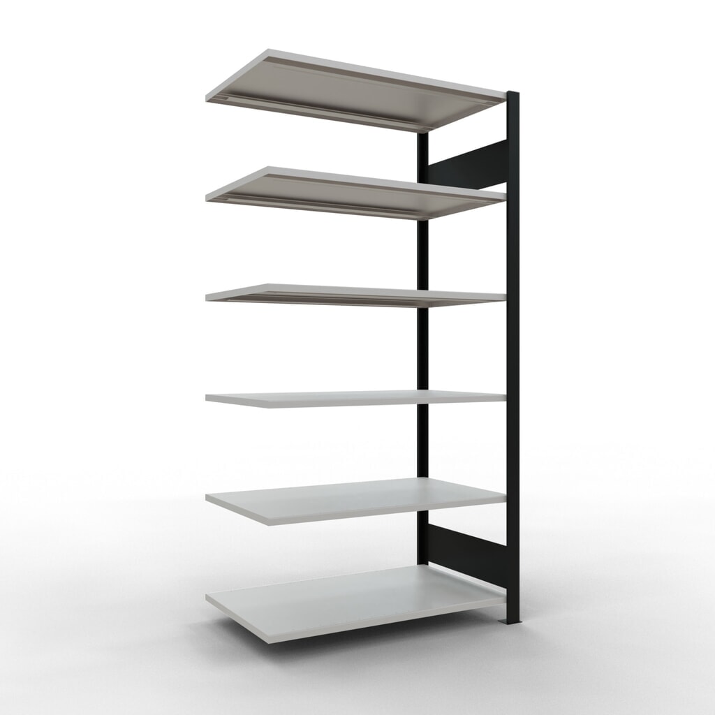 Illustration du produit: Rayonnage de bureau SCHULTE travée auxiliaire, utilisable des deux côtés, sans butées centrales, CT 150 kg, noir, HxlxP 2 000 x 1 000 x 600 mm