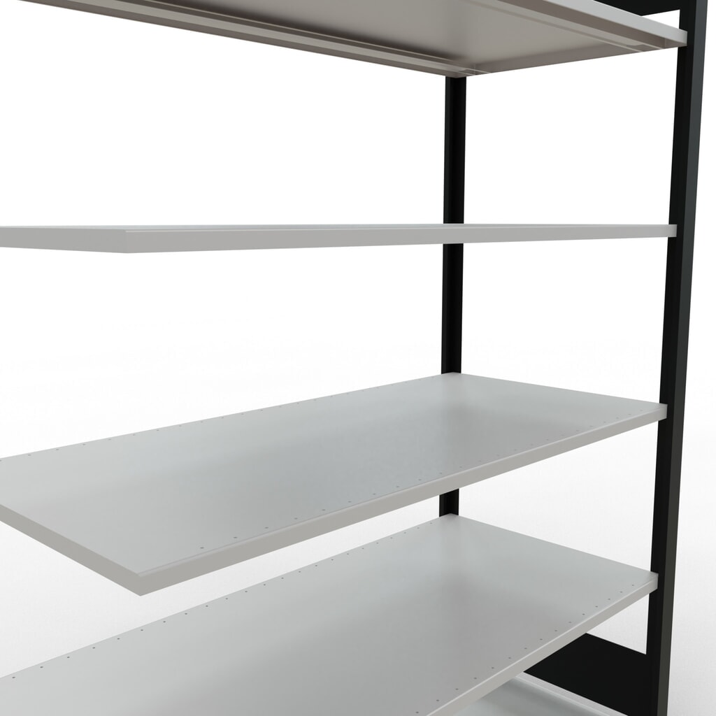 Rayonnage de bureau SCHULTE travée auxiliaire, utilisable des deux côtés, sans butées centrales, CT 150 kg, noir, HxlxP 2 000 x 1 300 x 600 mm N° de l'image du produit 4 : Rayonnage de bureau SCHULTE travée auxiliaire, utilisable des deux côtés, sans butées centrales, CT 150 kg, noir, HxlxP 2 000 x 1 300 x 600 mm