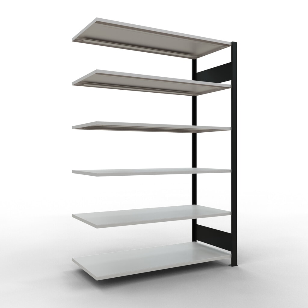 Rayonnage de bureau SCHULTE travée auxiliaire, utilisable des deux côtés, sans butées centrales, CT 150 kg, noir, HxlxP 2 000 x 1 300 x 600 mm Illustration du produit: Rayonnage de bureau SCHULTE travée auxiliaire, utilisable des deux côtés, sans butées centrales, CT 150 kg, noir, HxlxP 2 000 x 1 300 x 600 mm