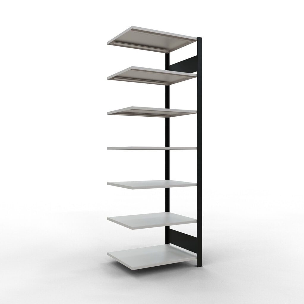 Rayonnage de bureau SCHULTE travée auxiliaire, utilisable des deux côtés, sans butées centrales, CT 150 kg, noir, HxlxP 2 300 x 750 x 600 mm Illustration du produit: Rayonnage de bureau SCHULTE travée auxiliaire, utilisable des deux côtés, sans butées centrales, CT 150 kg, noir, HxlxP 2 300 x 750 x 600 mm