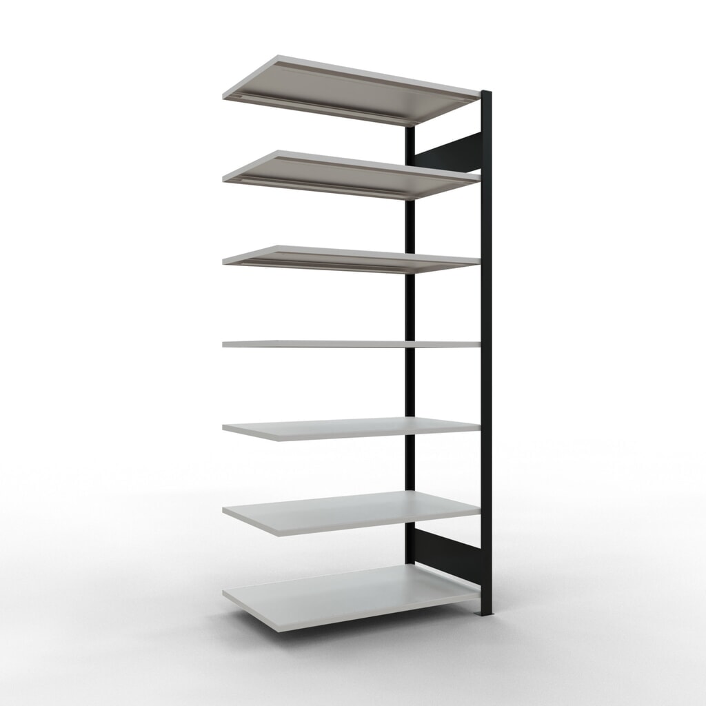 Illustration du produit: Rayonnage de bureau SCHULTE travée auxiliaire, utilisable des deux côtés, sans butées centrales, CT 150 kg, noir, HxlxP 2 300 x 1 000 x 600 mm