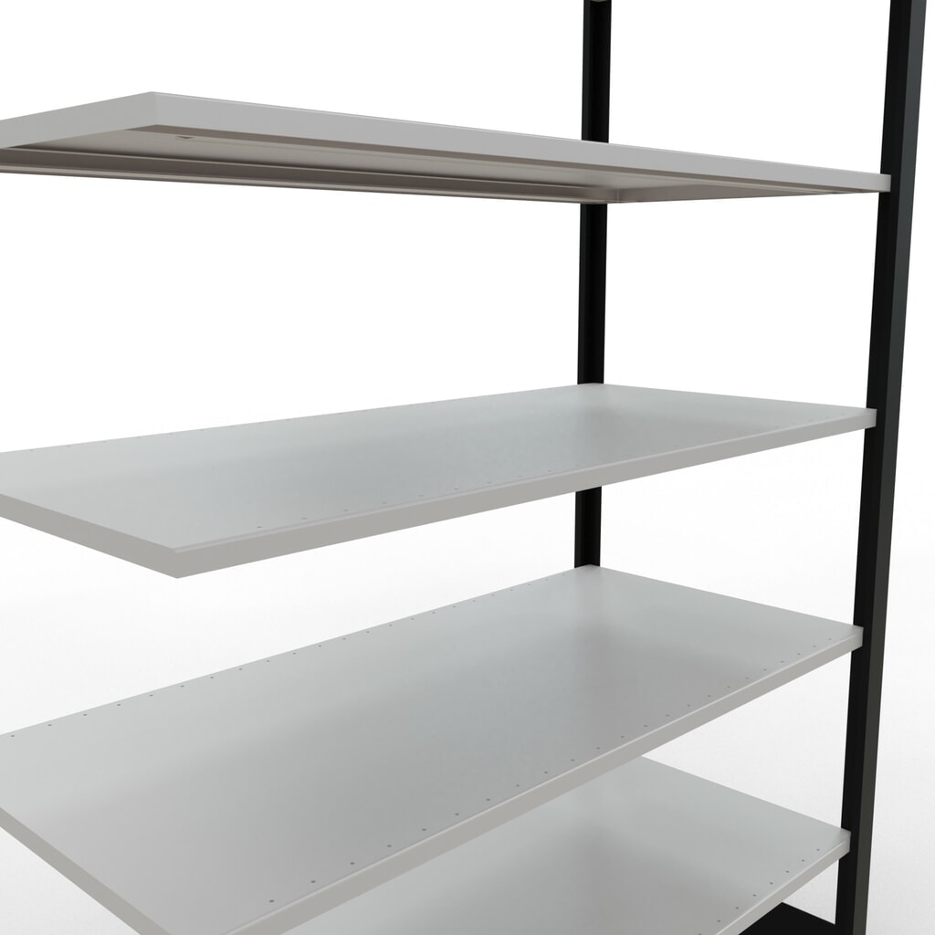 Rayonnage de bureau SCHULTE travée auxiliaire, utilisable des deux côtés, sans butées centrales, CT 150 kg, noir, HxlxP 2 300 x 1 300 x 600 mm N° de l'image du produit 4 : Rayonnage de bureau SCHULTE travée auxiliaire, utilisable des deux côtés, sans butées centrales, CT 150 kg, noir, HxlxP 2 300 x 1 300 x 600 mm