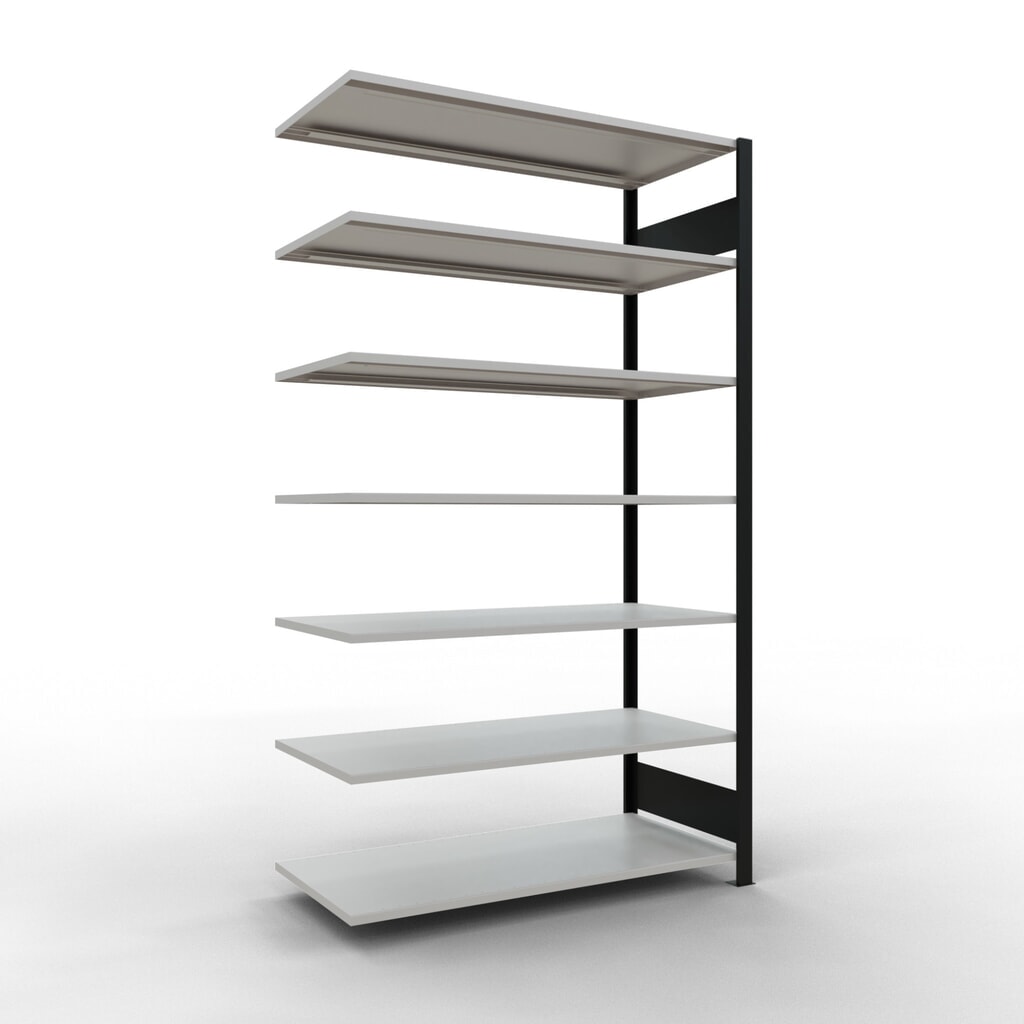 Illustration du produit: Rayonnage de bureau SCHULTE travée auxiliaire, utilisable des deux côtés, sans butées centrales, CT 150 kg, noir, HxlxP 2 300 x 1 300 x 600 mm