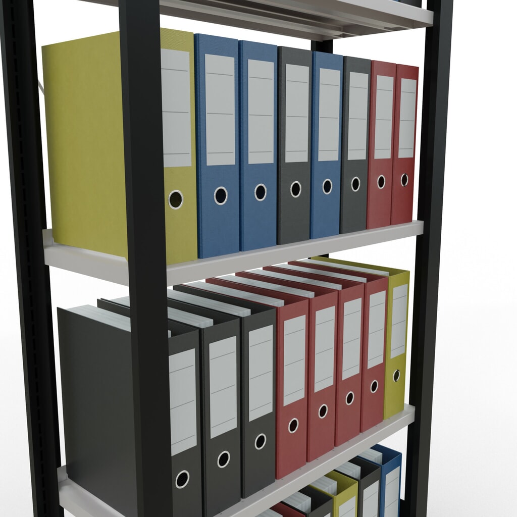 Rayonnage de bureau SCHULTE travée de base, utilisable d’un seul côté, avec barres de butée, CT 85 kg, noir, HxlxP 1 800 x 750 x 300 mm N° de l'image du produit 3 : Rayonnage de bureau SCHULTE travée de base, utilisable d’un seul côté, avec barres de butée, CT 85 kg, noir, HxlxP 1 800 x 750 x 300 mm