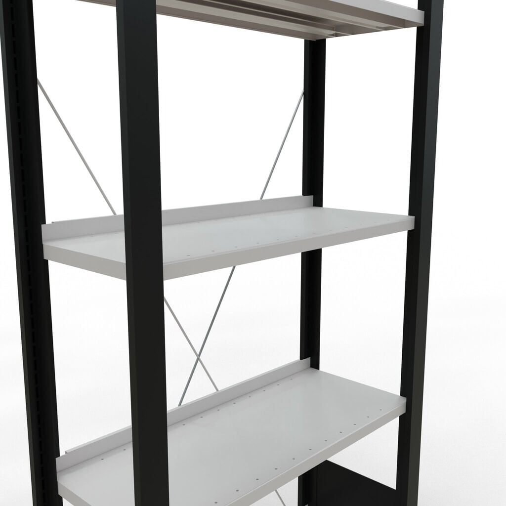 N° de l'image du produit 4 : Rayonnage de bureau SCHULTE travée de base, utilisable d’un seul côté, avec barres de butée, CT 85 kg, noir, HxlxP 1 800 x 750 x 300 mm