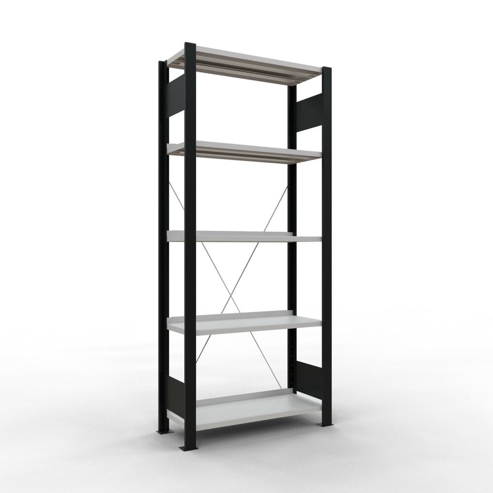 Illustration du produit: Rayonnage de bureau SCHULTE travée de base, utilisable d’un seul côté, avec barres de butée, CT 85 kg, noir, HxlxP 1 800 x 750 x 300 mm