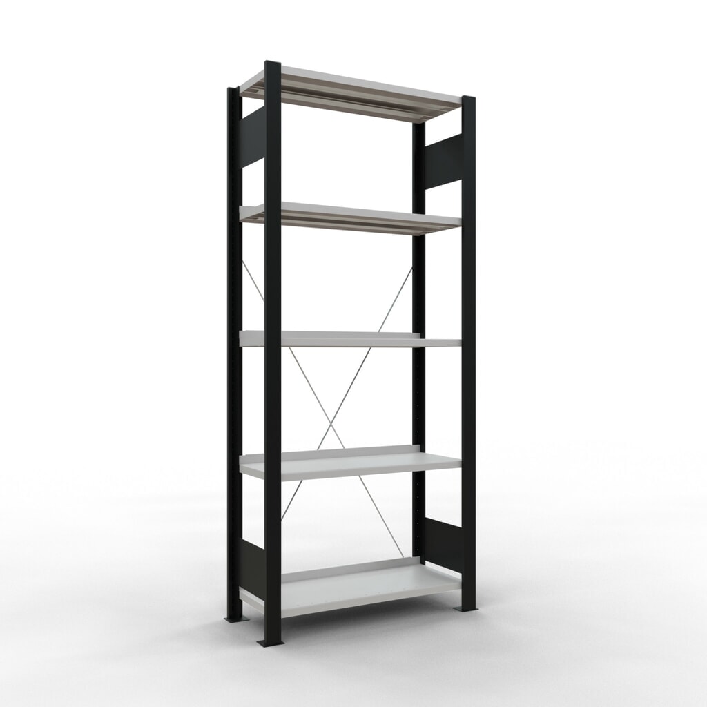 Illustration du produit: Rayonnage de bureau SCHULTE travée de base, utilisable d’un seul côté, avec barres de butée, CT 85 kg, noir, HxlxP 1 800 x 750 x 300 mm