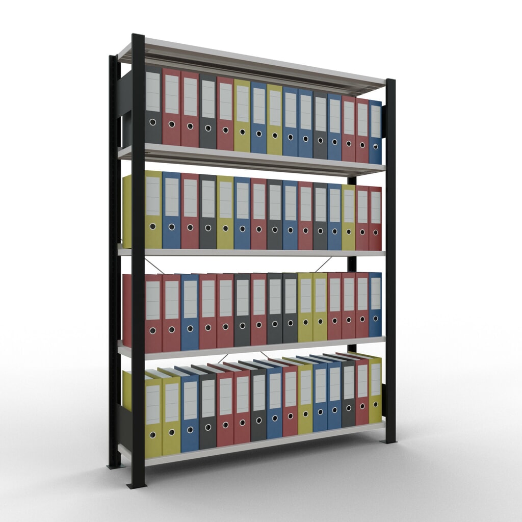 N° de l'image du produit 2 : Rayonnage de bureau SCHULTE travée de base, utilisable d’un seul côté, avec barres de butée, CT 85 kg, noir, HxlxP 1 800 x 1 300 x 300 mm