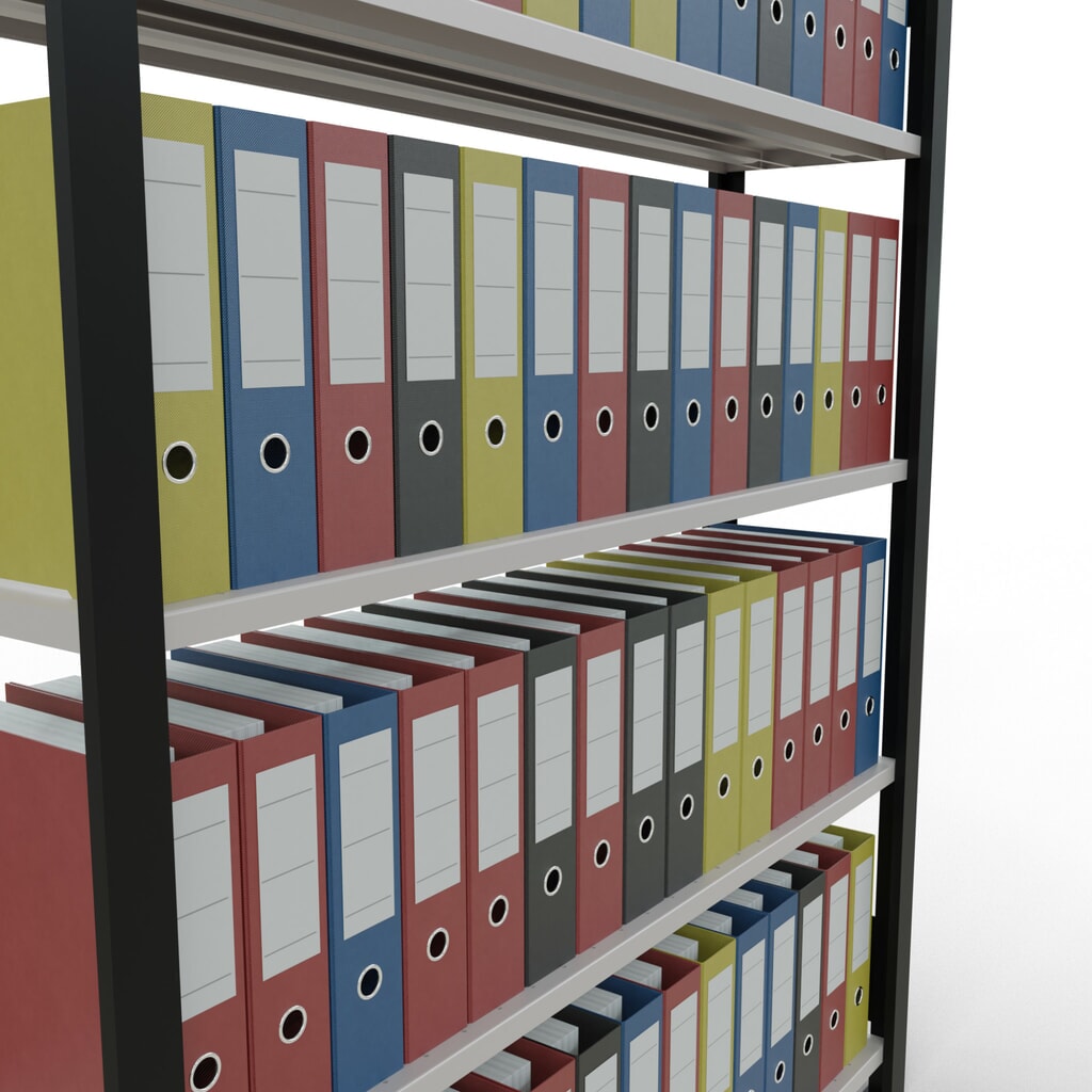 N° de l'image du produit 3 : Rayonnage de bureau SCHULTE travée de base, utilisable d’un seul côté, avec barres de butée, CT 85 kg, noir, HxlxP 1 800 x 1 300 x 300 mm