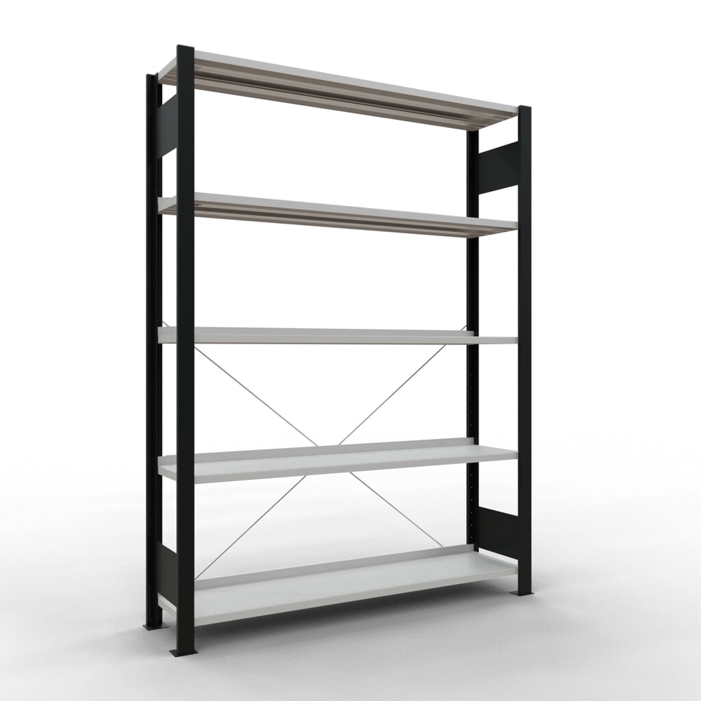 Illustration du produit: Rayonnage de bureau SCHULTE travée de base, utilisable d’un seul côté, avec barres de butée, CT 85 kg, noir, HxlxP 1 800 x 1 300 x 300 mm