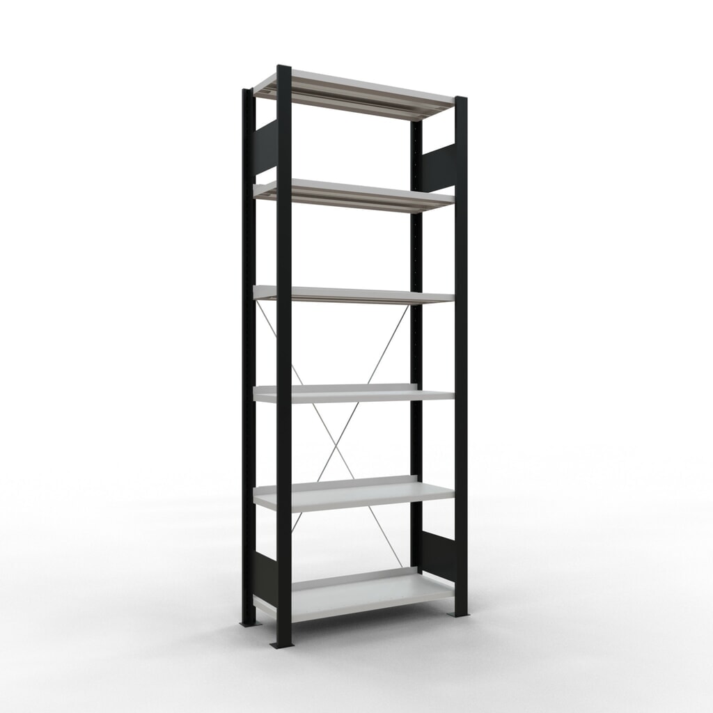 Illustration du produit: Rayonnage de bureau SCHULTE travée de base, utilisable d’un seul côté, avec barres de butée, CT 85 kg, noir, HxlxP 2 000 x 750 x 300 mm