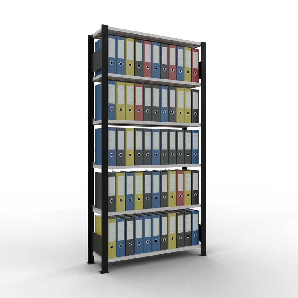 N° de l'image du produit 2 : Rayonnage de bureau SCHULTE travée de base, utilisable d’un seul côté, avec barres de butée, CT 85 kg, noir, HxlxP 2 000 x 1 000 x 300 mm