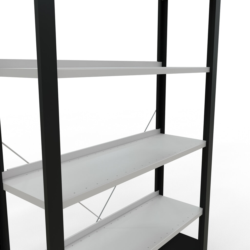 Rayonnage de bureau SCHULTE travée de base, utilisable d’un seul côté, avec barres de butée, CT 85 kg, noir, HxlxP 2 000 x 1 000 x 300 mm N° de l'image du produit 4 : Rayonnage de bureau SCHULTE travée de base, utilisable d’un seul côté, avec barres de butée, CT 85 kg, noir, HxlxP 2 000 x 1 000 x 300 mm