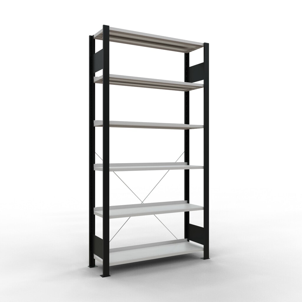 Illustration du produit: Rayonnage de bureau SCHULTE travée de base, utilisable d’un seul côté, avec barres de butée, CT 85 kg, noir, HxlxP 2 000 x 1 000 x 300 mm