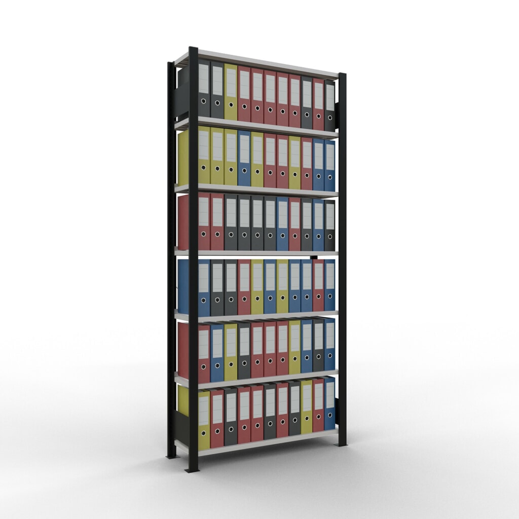 Rayonnage de bureau SCHULTE travée de base, utilisable d’un seul côté, avec barres de butée, CT 85 kg, noir, HxlxP 2 300 x 1 000 x 300 mm N° de l'image du produit 2 : Rayonnage de bureau SCHULTE travée de base, utilisable d’un seul côté, avec barres de butée, CT 85 kg, noir, HxlxP 2 300 x 1 000 x 300 mm