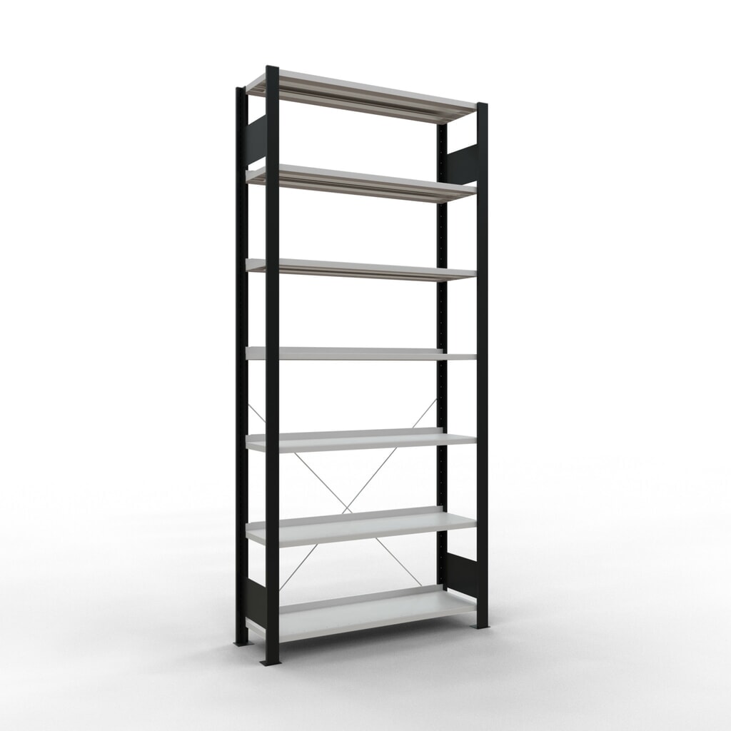 Illustration du produit: Rayonnage de bureau SCHULTE travée de base, utilisable d’un seul côté, avec barres de butée, CT 85 kg, noir, HxlxP 2 300 x 1 000 x 300 mm