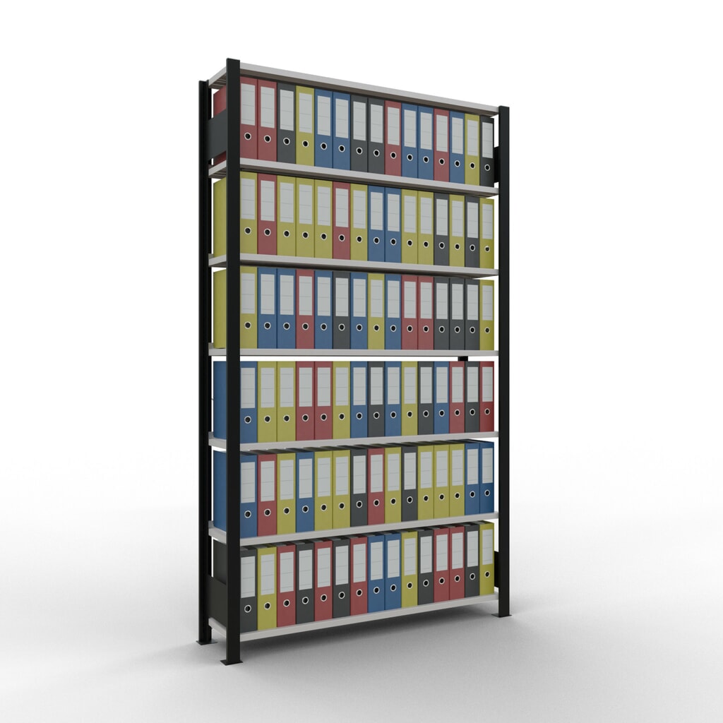 Rayonnage de bureau SCHULTE travée de base, utilisable d’un seul côté, avec barres de butée, CT 85 kg, noir, HxlxP 2 300 x 1 300 x 300 mm N° de l'image du produit 2 : Rayonnage de bureau SCHULTE travée de base, utilisable d’un seul côté, avec barres de butée, CT 85 kg, noir, HxlxP 2 300 x 1 300 x 300 mm