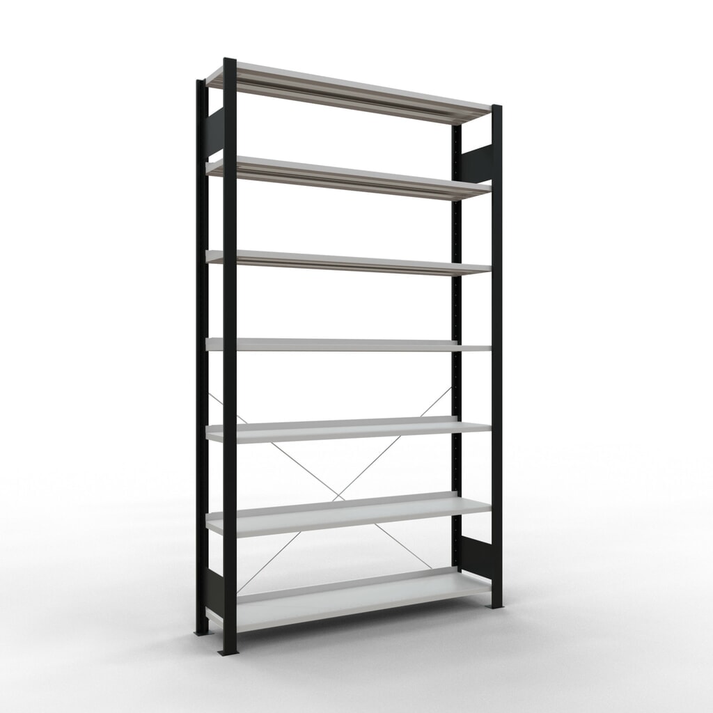 Rayonnage de bureau SCHULTE travée de base, utilisable d’un seul côté, avec barres de butée, CT 85 kg, noir, HxlxP 2 300 x 1 300 x 300 mm Illustration du produit: Rayonnage de bureau SCHULTE travée de base, utilisable d’un seul côté, avec barres de butée, CT 85 kg, noir, HxlxP 2 300 x 1 300 x 300 mm