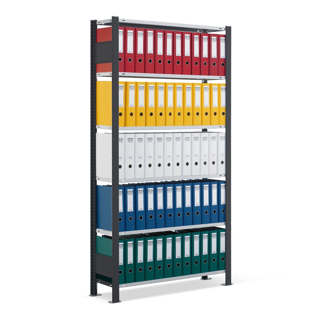 Rayonnage de bureau SCHULTE travée de base, utilisable d’un seul côté, avec barres de butée, CT 85 kg, noir, HxlxP 2 300 x 750 x 300 mm Illustration du produit: Rayonnage de bureau SCHULTE travée de base, utilisable d’un seul côté, avec barres de butée, CT 85 kg, noir, HxlxP 2 300 x 750 x 300 mm