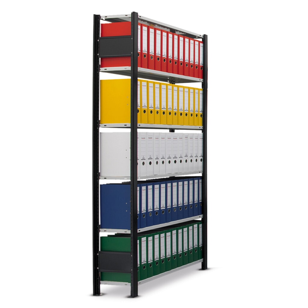 Rayonnage de bureau SCHULTE travée de base, utilisable d’un seul côté, avec barres de butée, CT 85 kg, noir, HxlxP 2 300 x 750 x 300 mm N° de l'image du produit 2 : Rayonnage de bureau SCHULTE travée de base, utilisable d’un seul côté, avec barres de butée, CT 85 kg, noir, HxlxP 2 300 x 750 x 300 mm