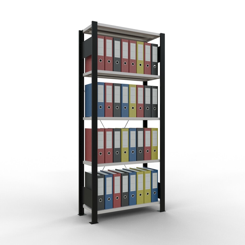 N° de l'image du produit 2 : Rayonnage de bureau SCHULTE travée de base, utilisable d’un seul côté, sans barres de butée, CT 85 kg, noir, HxlxP 1 800 x 750 x 300 mm