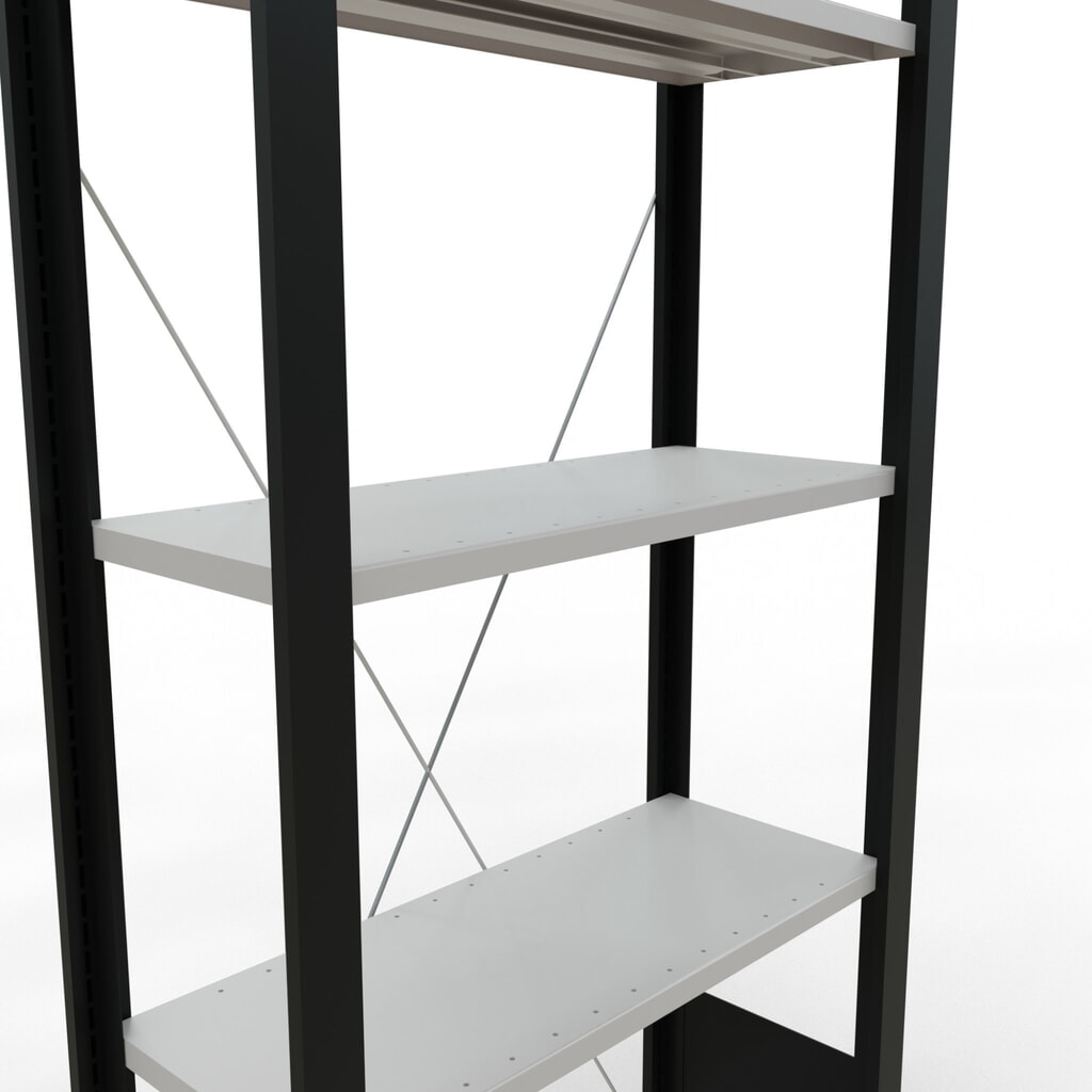 Rayonnage de bureau SCHULTE travée de base, utilisable d’un seul côté, sans barres de butée, CT 85 kg, noir, HxlxP 1 800 x 750 x 300 mm N° de l'image du produit 4 : Rayonnage de bureau SCHULTE travée de base, utilisable d’un seul côté, sans barres de butée, CT 85 kg, noir, HxlxP 1 800 x 750 x 300 mm