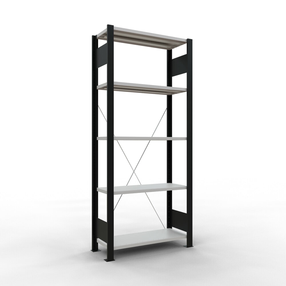 Illustration du produit: Rayonnage de bureau SCHULTE travée de base, utilisable d’un seul côté, sans barres de butée, CT 85 kg, noir, HxlxP 1 800 x 750 x 300 mm