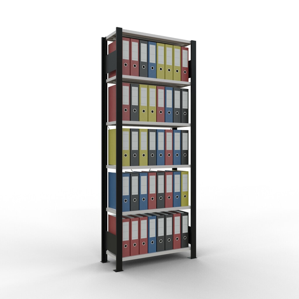 N° de l'image du produit 2 : Rayonnage de bureau SCHULTE travée de base, utilisable d’un seul côté, sans barres de butée, CT 85 kg, noir, HxlxP 2 000 x 750 x 300 mm