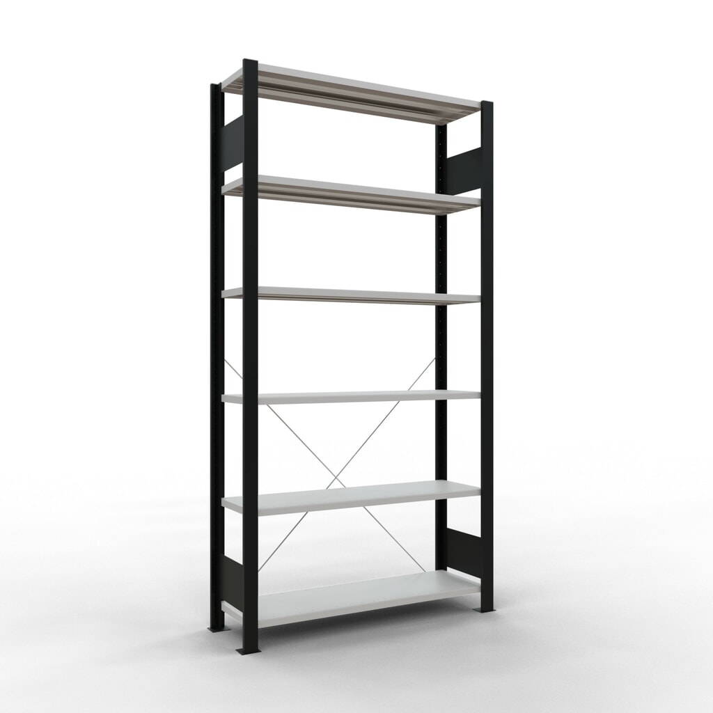 Rayonnage de bureau SCHULTE travée de base, utilisable d’un seul côté, sans barres de butée, CT 85 kg, noir, HxlxP 2 000 x 1 000 x 300 mm Illustration du produit: Rayonnage de bureau SCHULTE travée de base, utilisable d’un seul côté, sans barres de butée, CT 85 kg, noir, HxlxP 2 000 x 1 000 x 300 mm