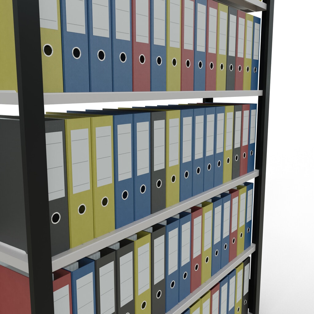 N° de l'image du produit 3 : Rayonnage de bureau SCHULTE travée de base, utilisable d’un seul côté, sans barres de butée, CT 85 kg, noir, HxlxP 2 000 x 1 300 x 300 mm