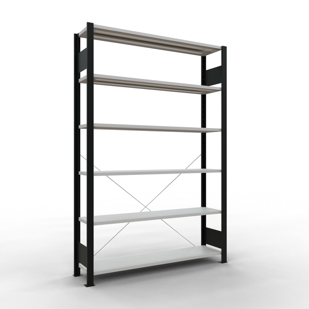 Illustration du produit: Rayonnage de bureau SCHULTE travée de base, utilisable d’un seul côté, sans barres de butée, CT 85 kg, noir, HxlxP 2 000 x 1 300 x 300 mm