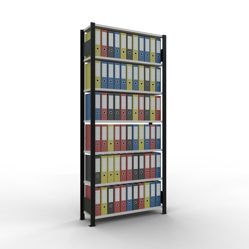 Rayonnage de bureau SCHULTE travée de base, utilisable d’un seul côté, sans barres de butée, CT 85 kg, noir, HxlxP 2 300 x 1 000 x 300 mm N° de l'image du produit 2 : Rayonnage de bureau SCHULTE travée de base, utilisable d’un seul côté, sans barres de butée, CT 85 kg, noir, HxlxP 2 300 x 1 000 x 300 mm