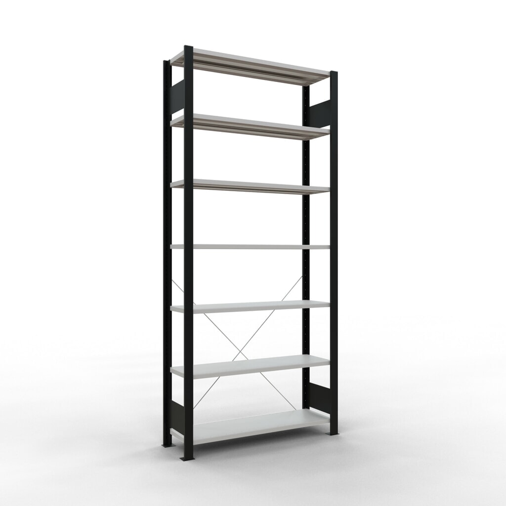 Illustration du produit: Rayonnage de bureau SCHULTE travée de base, utilisable d’un seul côté, sans barres de butée, CT 85 kg, noir, HxlxP 2 300 x 1 000 x 300 mm