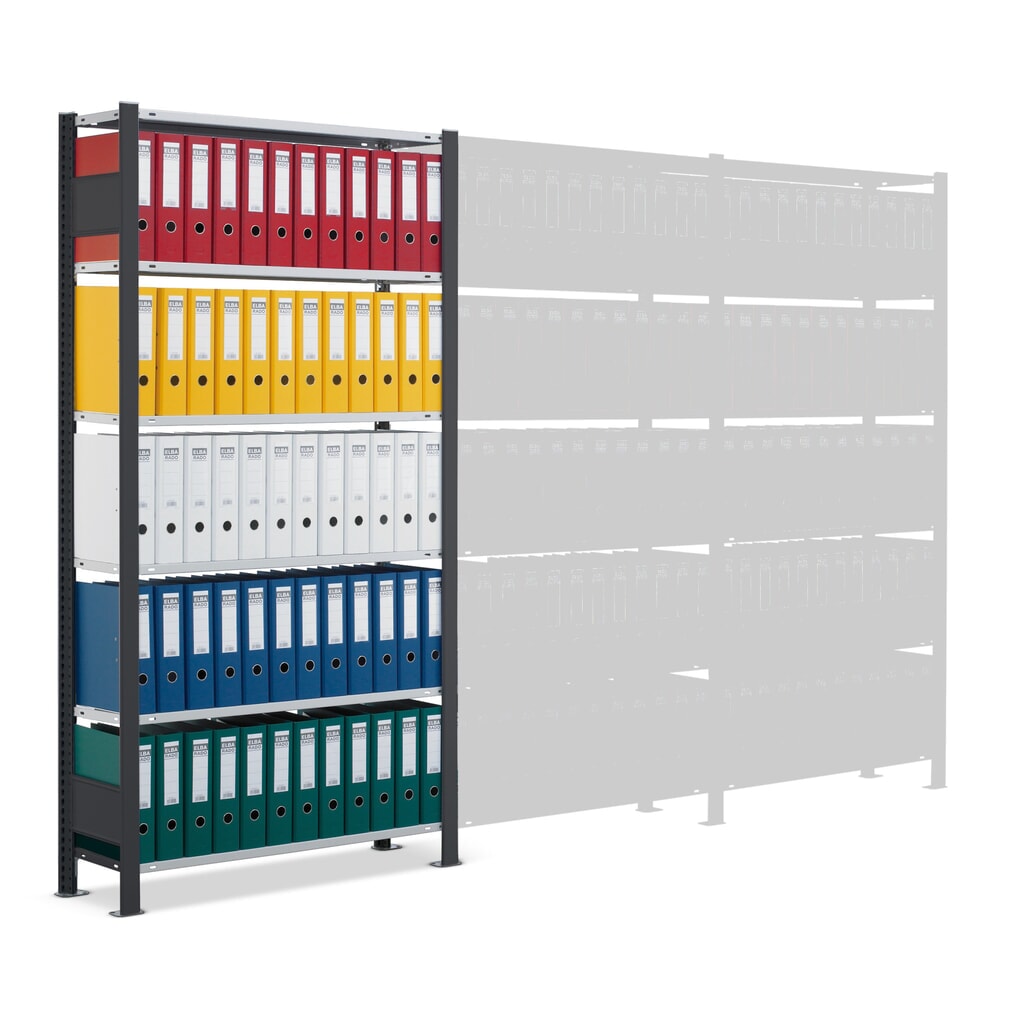 N° de l'image du produit 5 : Rayonnage de bureau SCHULTE travée de base, utilisable d’un seul côté, avec barres de butée, CT 85 kg, noir, HxlxP 1 800 x 750 x 300 mm