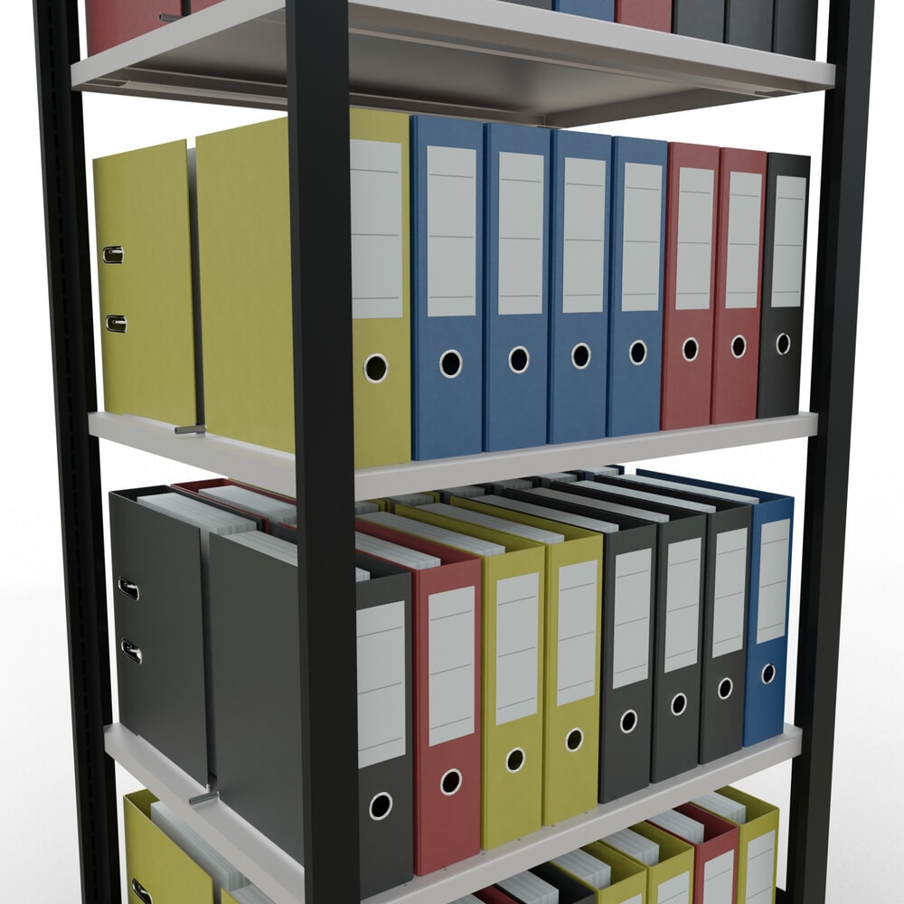 N° de l'image du produit 3 : Rayonnage de bureau SCHULTE travée de base, utilisable des deux cotés, avec butées centrales, CT 150 kg, noir, HxlxP 1 800 x 750 x 600 mm