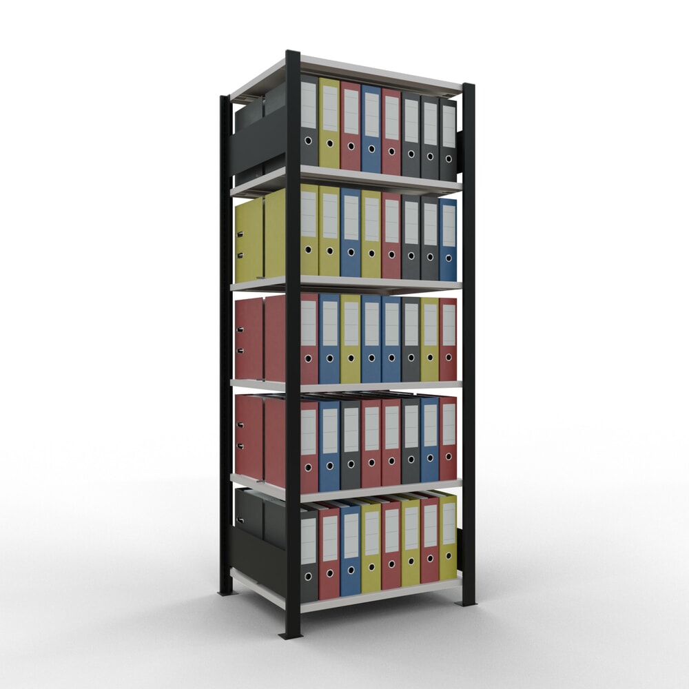 N° de l'image du produit 2 : Rayonnage de bureau SCHULTE travée de base, utilisable des deux côtés, avec butées centrales, CT 150 kg, noir, HxlxP 2 000 x 750 x 600 mm