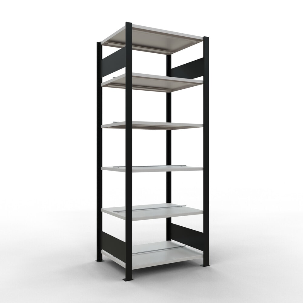 Illustration du produit: Rayonnage de bureau SCHULTE travée de base, utilisable des deux côtés, avec butées centrales, CT 150 kg, noir, HxlxP 2 000 x 750 x 600 mm