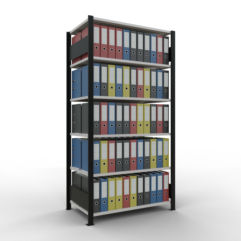 N° de l'image du produit 2 : Rayonnage de bureau SCHULTE travée de base, utilisable des deux côtés, avec butées centrales, CT 150 kg, noir, HxlxP 2 000 x 1 000 x 600 mm