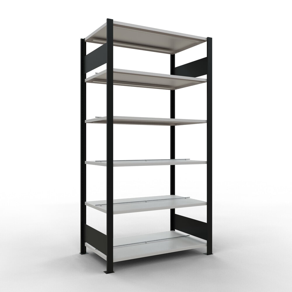 N° de l'image du produit 1 : Rayonnage de bureau SCHULTE travée de base, utilisable des deux côtés, avec butées centrales, CT 150 kg, noir, HxlxP 2 000 x 1 000 x 600 mm