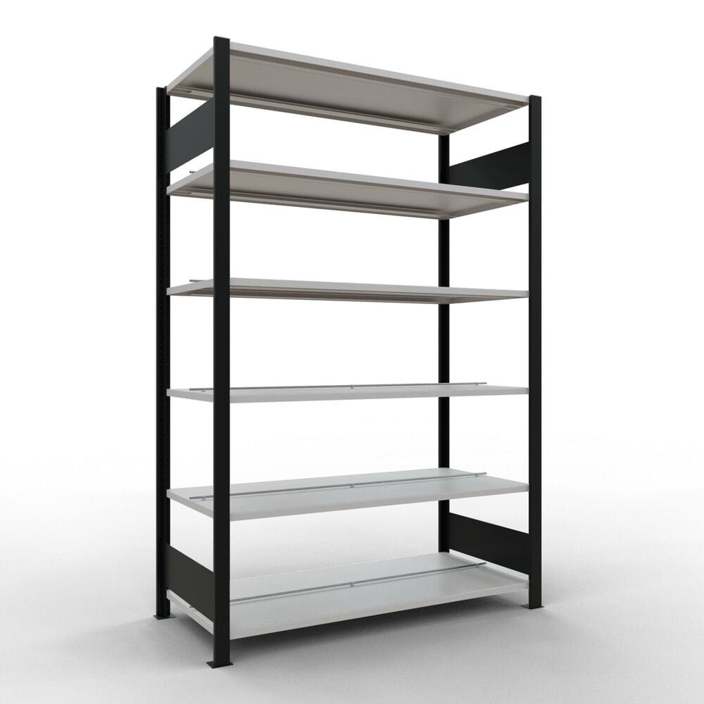 Illustration du produit: Rayonnage de bureau SCHULTE travée de base, utilisable des deux côtés, avec butées centrales, CT 150 kg, noir, HxlxP 2 000 x 1 300 x 600 mm
