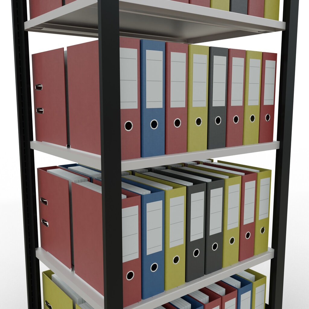 Rayonnage de bureau SCHULTE travée de base, utilisable des deux cotés, sans butées centrales, CT 150 kg, noir, HxlxP 1 800 x 750 x 600 mm N° de l'image du produit 3 : Rayonnage de bureau SCHULTE travée de base, utilisable des deux cotés, sans butées centrales, CT 150 kg, noir, HxlxP 1 800 x 750 x 600 mm