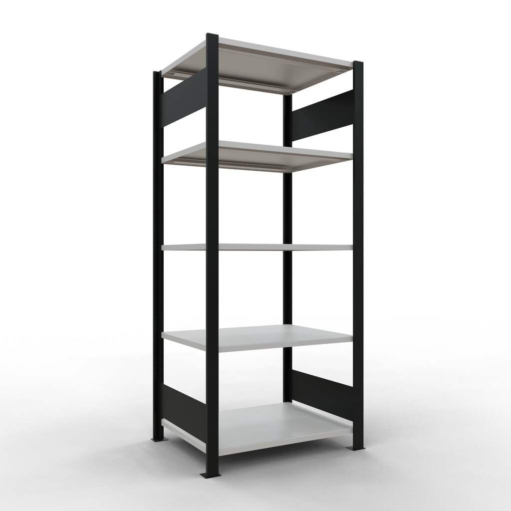 Rayonnage de bureau SCHULTE travée de base, utilisable des deux cotés, sans butées centrales, CT 150 kg, noir, HxlxP 1 800 x 750 x 600 mm Illustration du produit: Rayonnage de bureau SCHULTE travée de base, utilisable des deux cotés, sans butées centrales, CT 150 kg, noir, HxlxP 1 800 x 750 x 600 mm