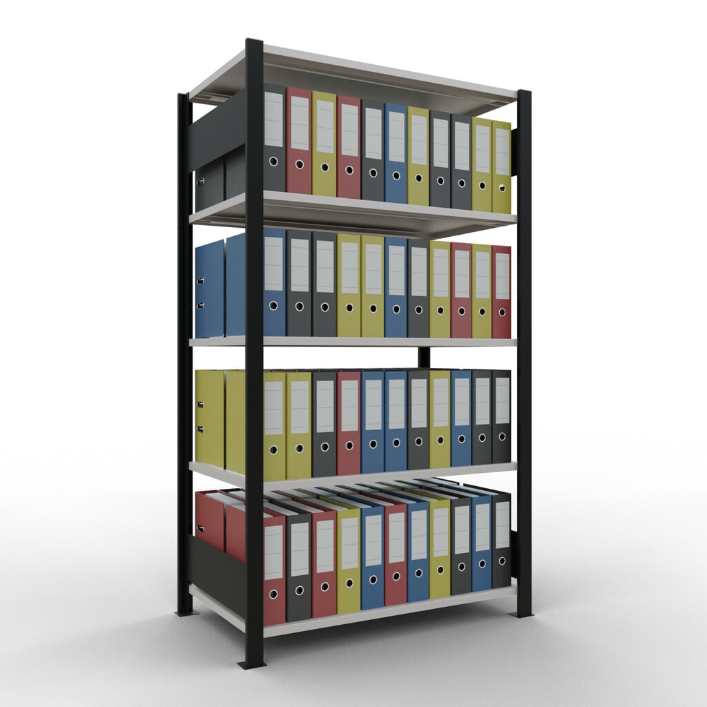Rayonnage de bureau SCHULTE travée de base, utilisable des deux cotés, sans butées centrales, CT 150 kg, noir, HxlxP 1 800 x 1 000 x 600 mm N° de l'image du produit 2 : Rayonnage de bureau SCHULTE travée de base, utilisable des deux cotés, sans butées centrales, CT 150 kg, noir, HxlxP 1 800 x 1 000 x 600 mm