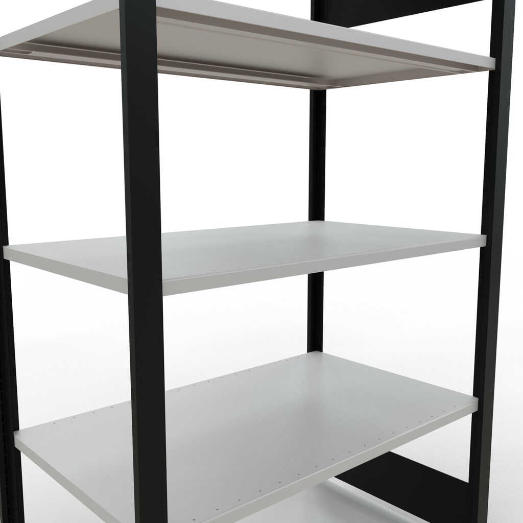 Rayonnage de bureau SCHULTE travée de base, utilisable des deux cotés, sans butées centrales, CT 150 kg, noir, HxlxP 1 800 x 1 000 x 600 mm N° de l'image du produit 4 : Rayonnage de bureau SCHULTE travée de base, utilisable des deux cotés, sans butées centrales, CT 150 kg, noir, HxlxP 1 800 x 1 000 x 600 mm