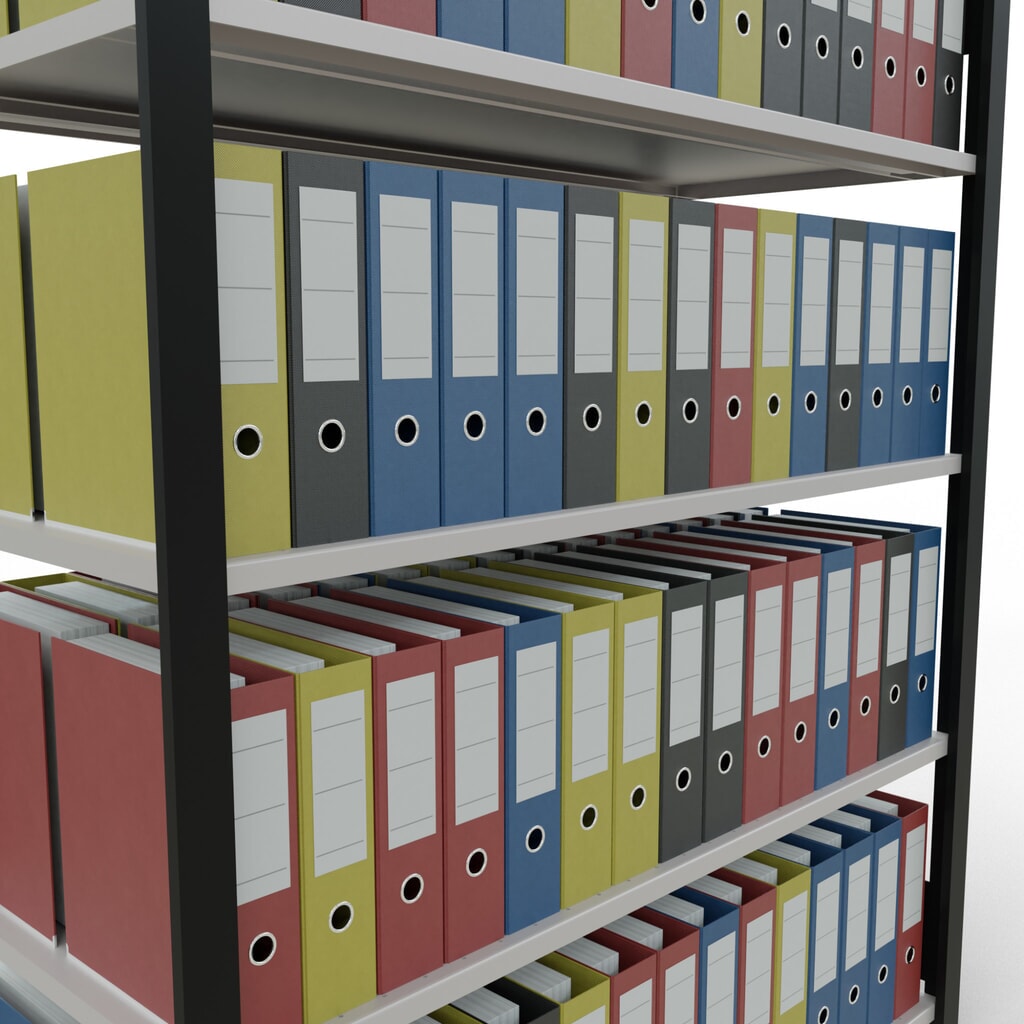 N° de l'image du produit 3 : Rayonnage de bureau SCHULTE travée de base, utilisable des deux cotés, sans butées centrales, CT 150 kg, noir, HxlxP 1 800 x 1 300 x 600 mm