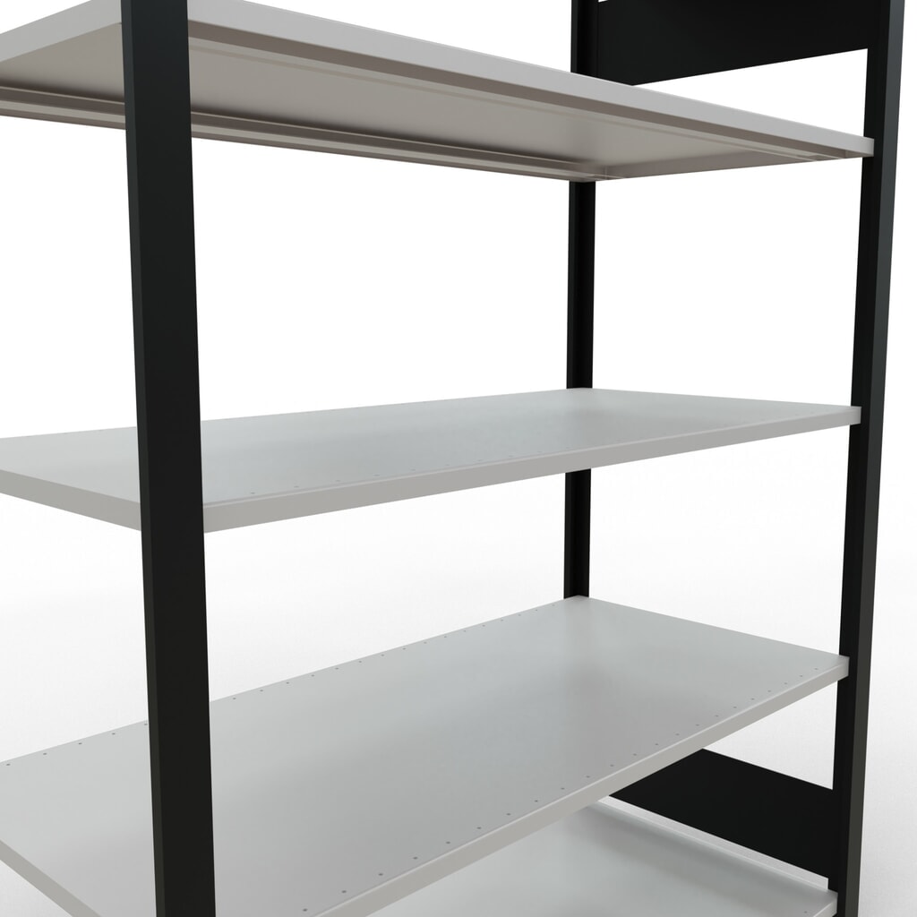 Rayonnage de bureau SCHULTE travée de base, utilisable des deux cotés, sans butées centrales, CT 150 kg, noir, HxlxP 1 800 x 1 300 x 600 mm N° de l'image du produit 4 : Rayonnage de bureau SCHULTE travée de base, utilisable des deux cotés, sans butées centrales, CT 150 kg, noir, HxlxP 1 800 x 1 300 x 600 mm