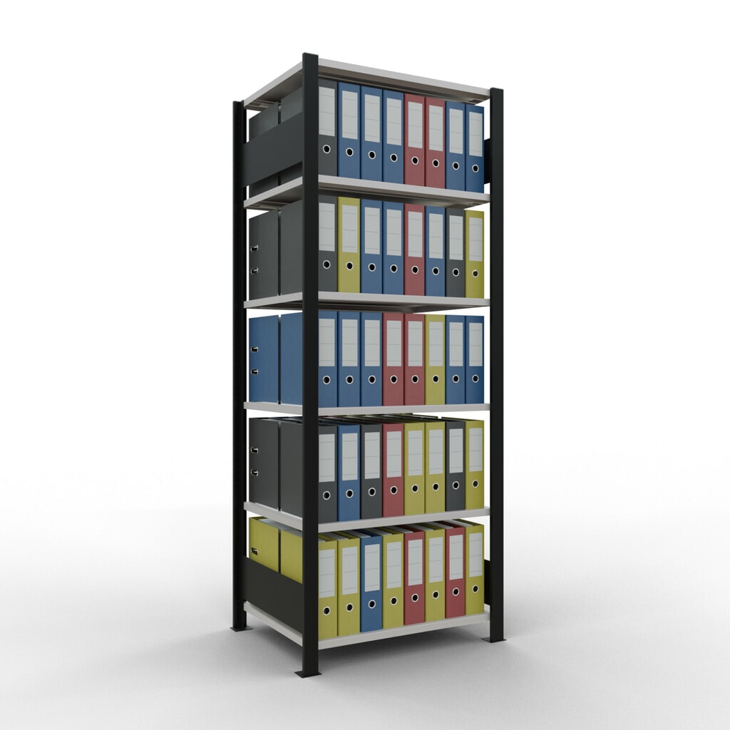 Rayonnage de bureau SCHULTE travée de base, utilisable des deux cotés, sans butées centrales, CT 150 kg, noir, HxlxP 2 000 x 750 x 600 mm N° de l'image du produit 2 : Rayonnage de bureau SCHULTE travée de base, utilisable des deux cotés, sans butées centrales, CT 150 kg, noir, HxlxP 2 000 x 750 x 600 mm