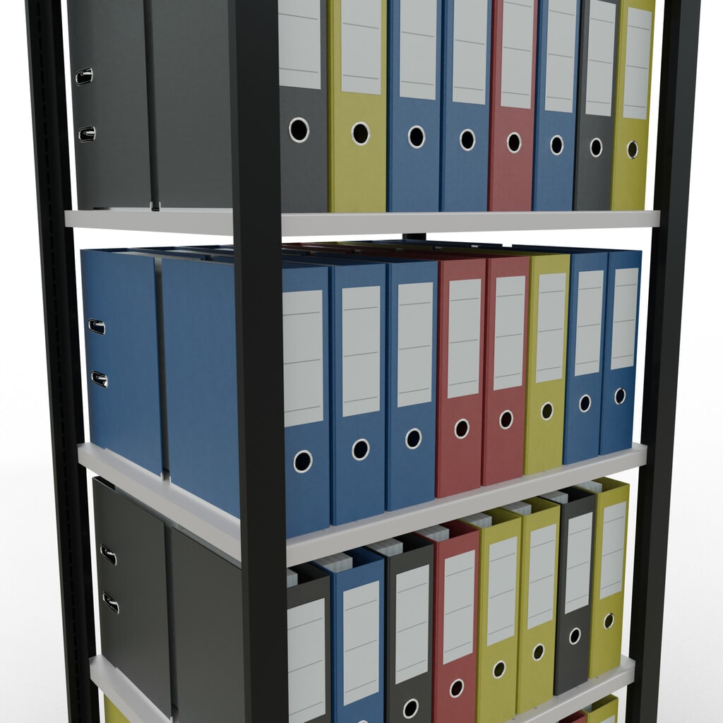 Rayonnage de bureau SCHULTE travée de base, utilisable des deux cotés, sans butées centrales, CT 150 kg, noir, HxlxP 2 000 x 750 x 600 mm N° de l'image du produit 3 : Rayonnage de bureau SCHULTE travée de base, utilisable des deux cotés, sans butées centrales, CT 150 kg, noir, HxlxP 2 000 x 750 x 600 mm