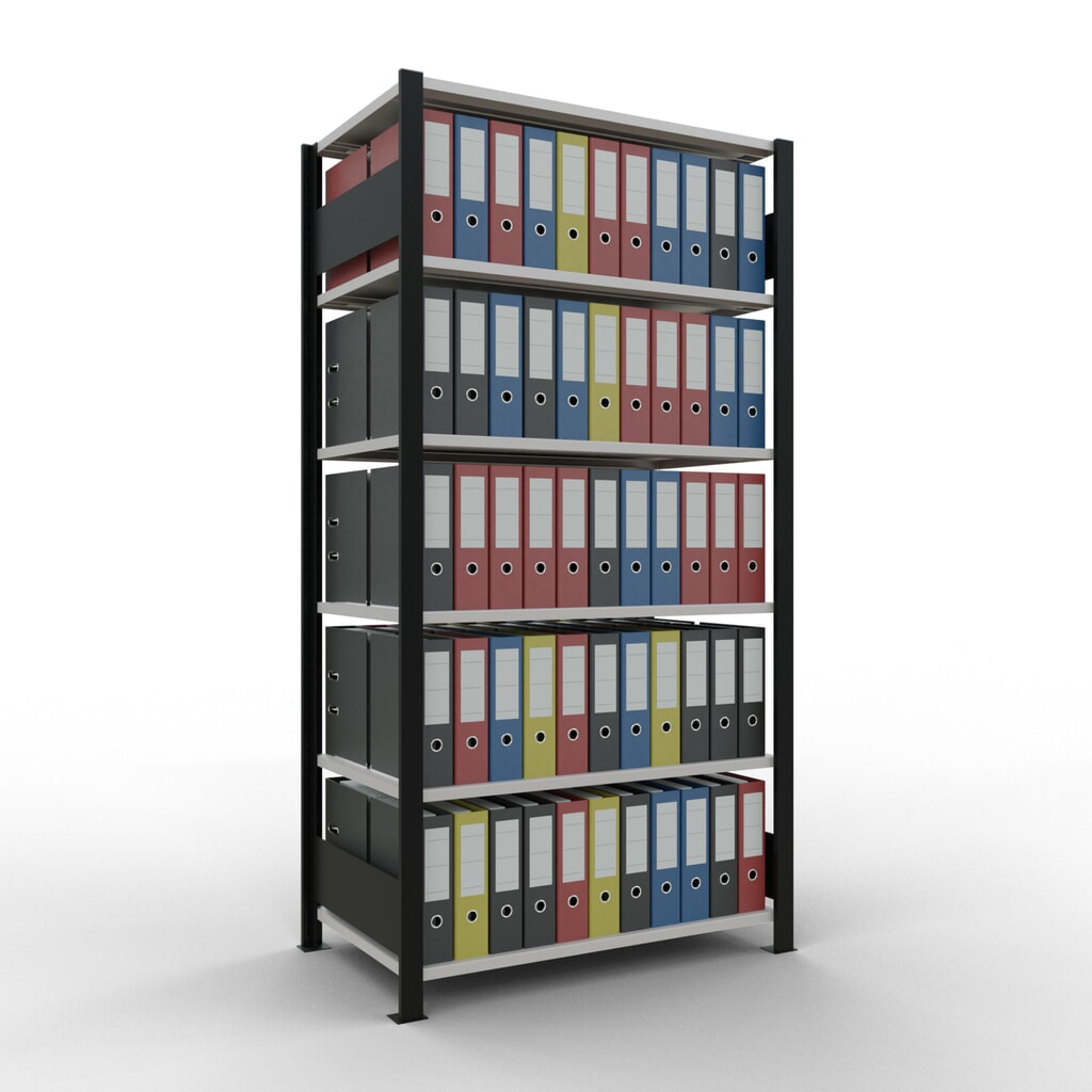 N° de l'image du produit 2 : Rayonnage de bureau SCHULTE travée de base, utilisable des deux cotés, sans butées centrales, CT 150 kg, noir, HxlxP 2 000 x 1 000 x 600 mm