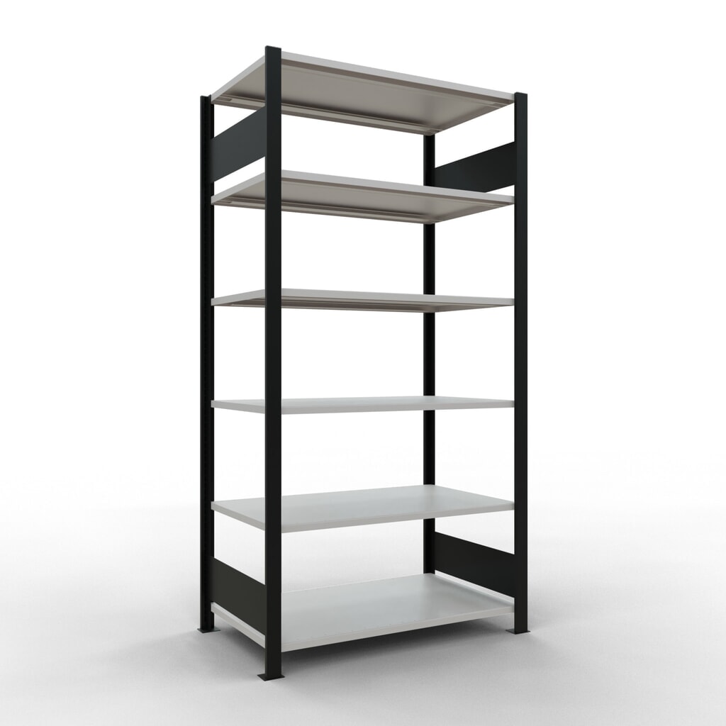 Rayonnage de bureau SCHULTE travée de base, utilisable des deux cotés, sans butées centrales, CT 150 kg, noir, HxlxP 2 000 x 1 000 x 600 mm Illustration du produit: Rayonnage de bureau SCHULTE travée de base, utilisable des deux cotés, sans butées centrales, CT 150 kg, noir, HxlxP 2 000 x 1 000 x 600 mm